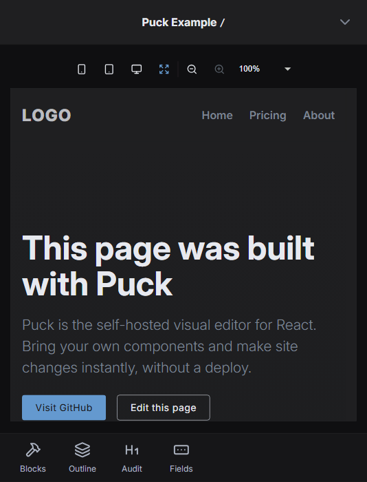 Puck 官方在线 Demo 中的编辑器预览区(官方 demo.puckeditor.com 截图)