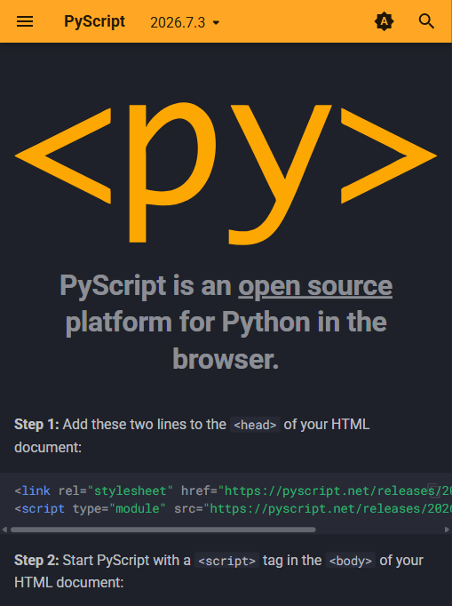 PyScript 官方文档首页：两行标签引入 core.css 与 core.js 即可在页面中运行 Python