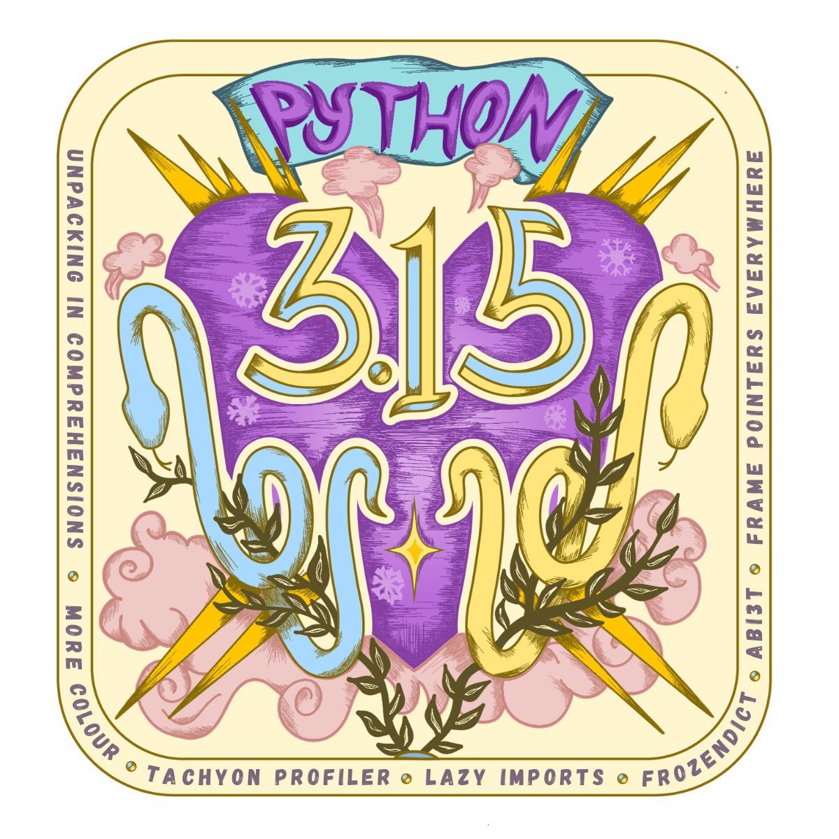 Python 3.15 官方发布艺术图：紫色心形内嵌 3.15，两侧为蓝黄双蛇，边缘环绕 Tachyon Profiler、Lazy Imports、Frozendict、ABI3t 等本版关键词
