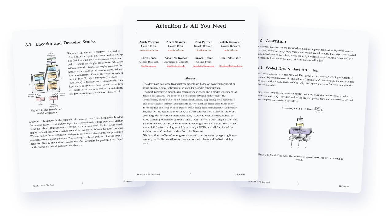 Quarkdown 的分页排版演示:用 Markdown 源文件复刻的《Attention Is All You Need》论文,含章节、作者列表、图表与页眉页脚