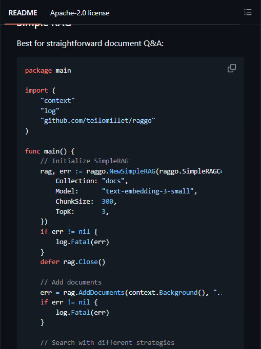 Raggo Simple RAG 的 Go 代码示例（NewSimpleRAG + AddDocuments + Search）