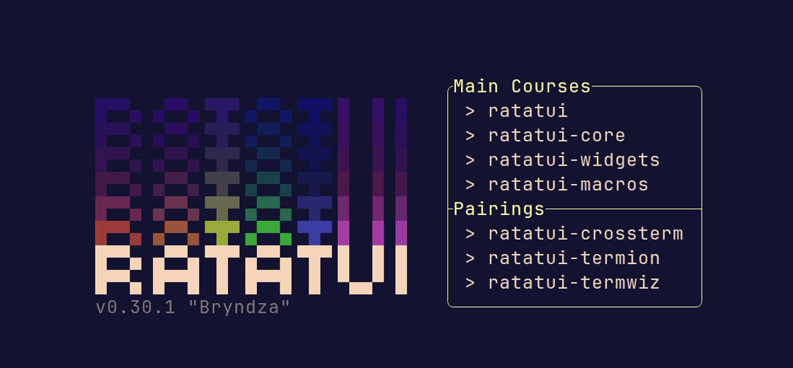 Ratatui 项目标识(取自官方 release header),名字玩了 ratatouille(料理鼠王)的谐音
