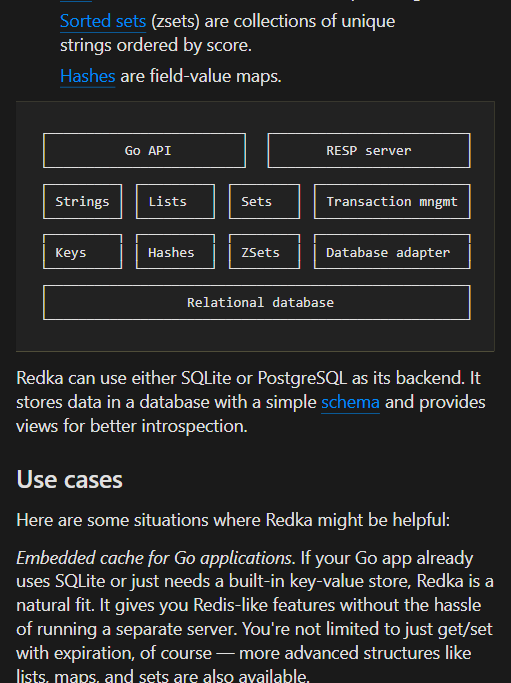 Redka 官方博客中的分层架构：Go API / RESP 服务器 → 五类数据结构 → 数据库适配器 → 关系库