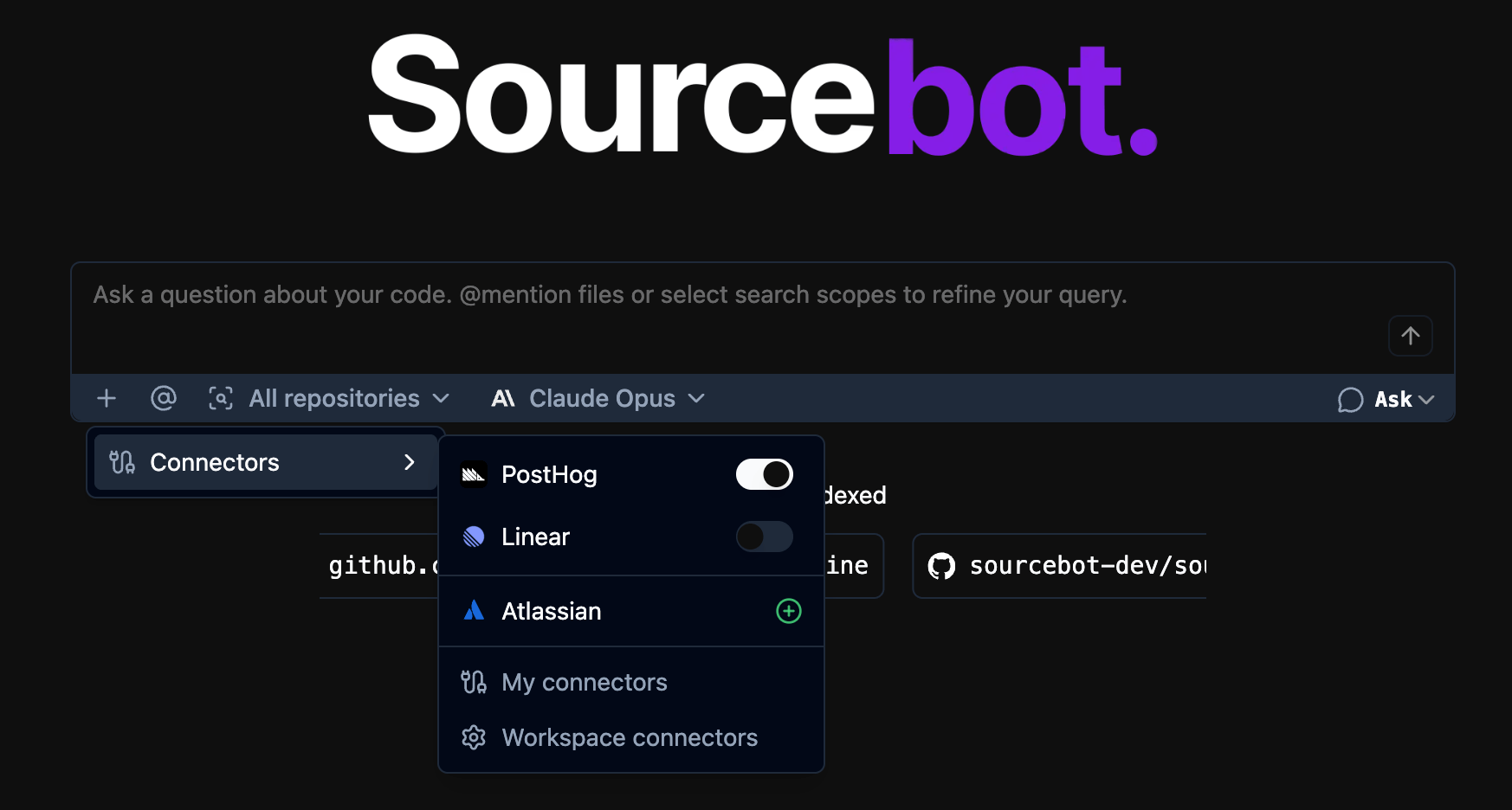 Ask 页面的 Connectors 菜单：PostHog、Linear、Atlassian 可按会话启用或关闭（官方文档截图）