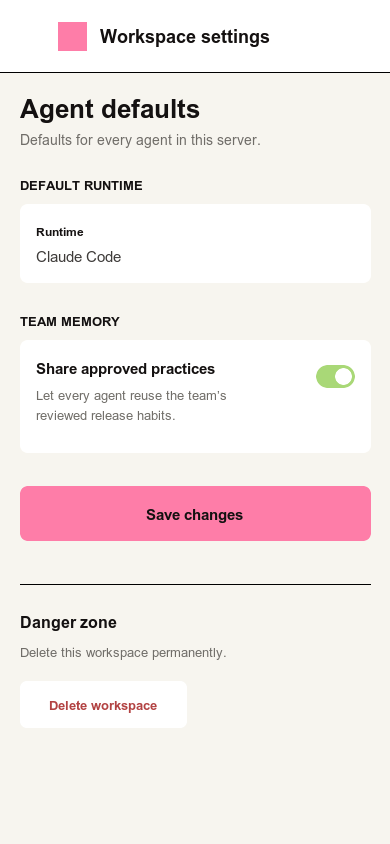 Raft 工作区设置：Agent defaults 里默认 Runtime 为 Claude Code，Team Memory 开关开启后所有 agent 可复用团队沉淀的发布习惯
