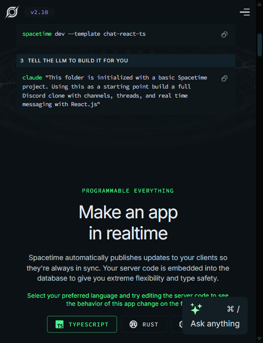 Spacetime 官网：Programmable Everything——服务器代码嵌入数据库、客户端自动同步