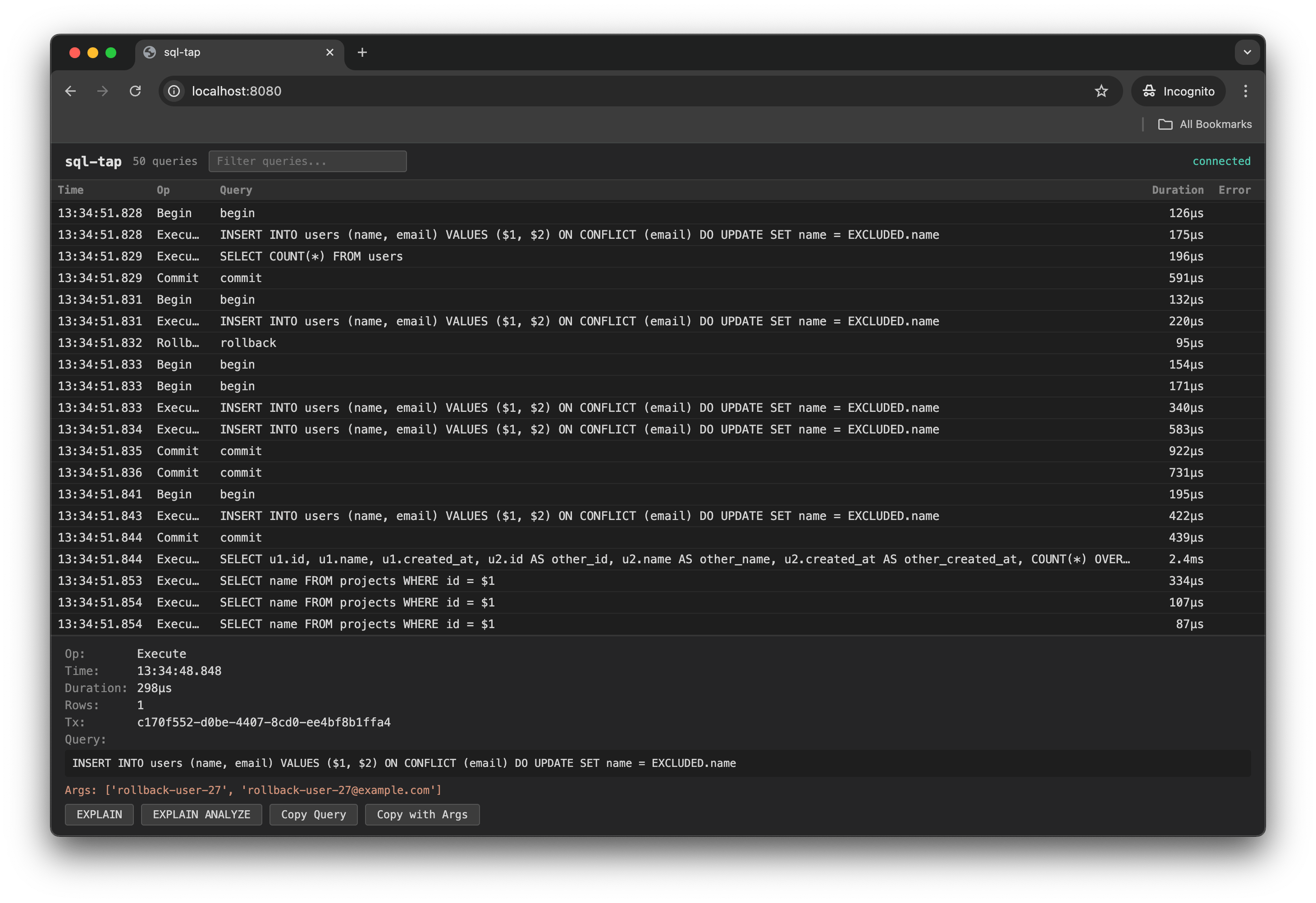 sql-tap 的 Web UI：50 条查询实时流，按事务 ID 分组，可一键 EXPLAIN / EXPLAIN ANALYZE