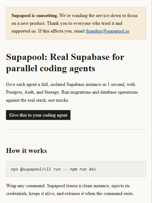 Supapool 官网首页:顶部黄色横幅明确宣布服务正在停服(sunsetting)