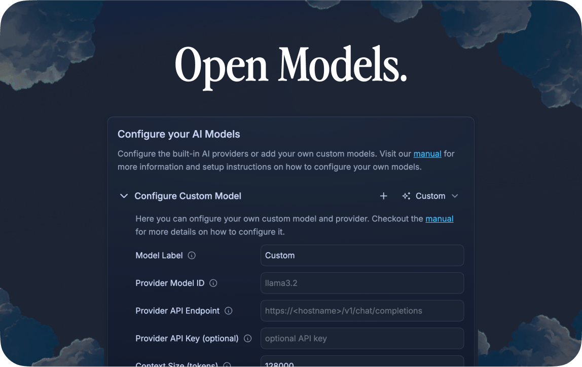 自定义模型配置：OpenAI 兼容端点、Model ID、上下文长度（官方 README 截图）