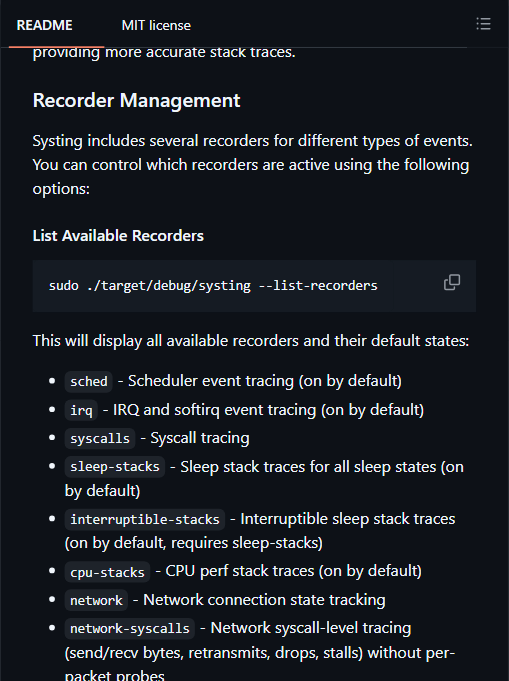systing 内置 recorder 列表：调度、IRQ、syscall、睡眠栈、CPU 栈、网络连接与网络 syscall 事件