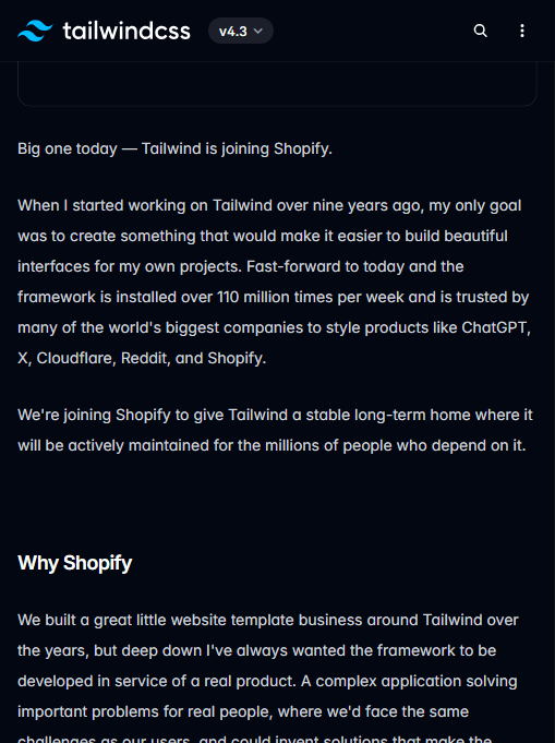 Tailwind 官方公告正文截图：Adam Wathan 写道框架"每周安装超 1.1 亿次"，被 ChatGPT、X、Cloudflare、Reddit、Shopify 等公司用于产品，加入 Shopify 是为了给 Tailwind 一个"稳定的长期归宿"