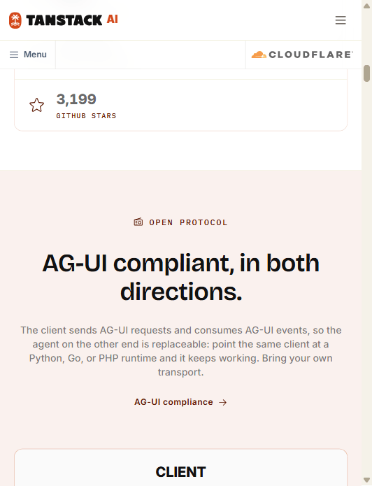 TanStack AI 官网的 Open Protocol 区块：AG-UI compliant, in both directions，页面展示约 3,199 GitHub stars