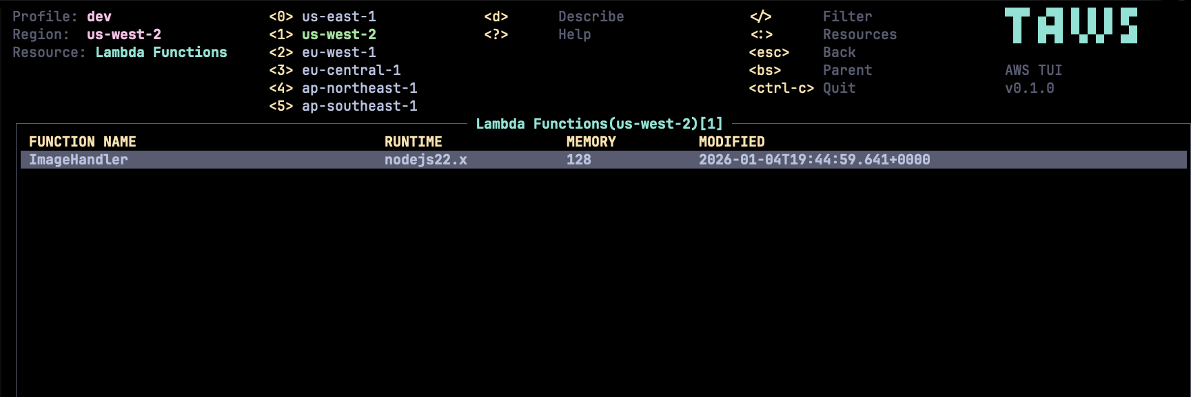 taws 的 Lambda 函数视图：运行时、内存、修改时间一目了然