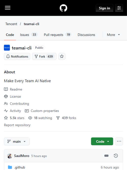 Tencent/teamai-cli 仓库主页:约 5.5k stars、439 forks(官方 GitHub 仓库截图)