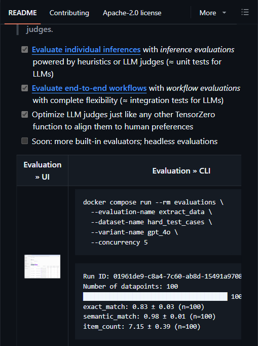 TensorZero 的 LLM 评估能力与一次 CLI 评估运行输出（exact_match 0.83、semantic_match 0.98）