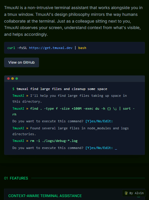 TmuxAI 首页:用自然语言"find large files and cleanup",助手生成命令并在执行前征求确认