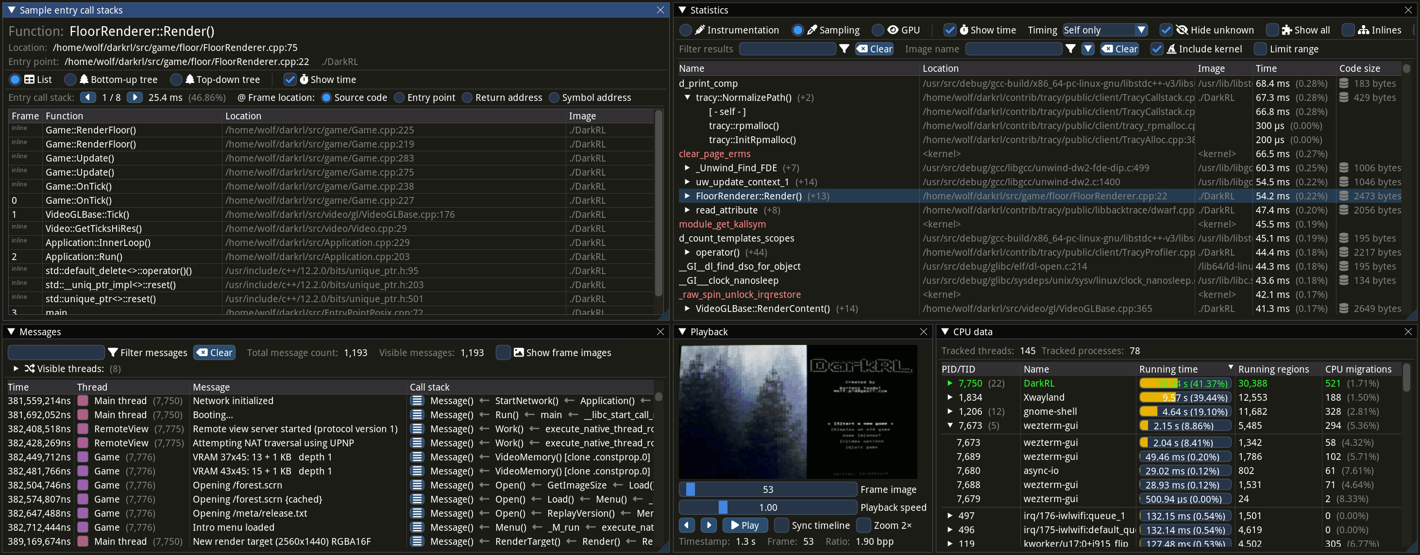 Tracy 的采样调用栈与统计视图：左侧为 FloorRenderer::Render() 的入口调用栈（Game::RenderFloor → VideoGLBase::Tick 等），右侧为按时间排序的函数统计，底部是消息日志与 DarkRL 游戏帧回放小窗