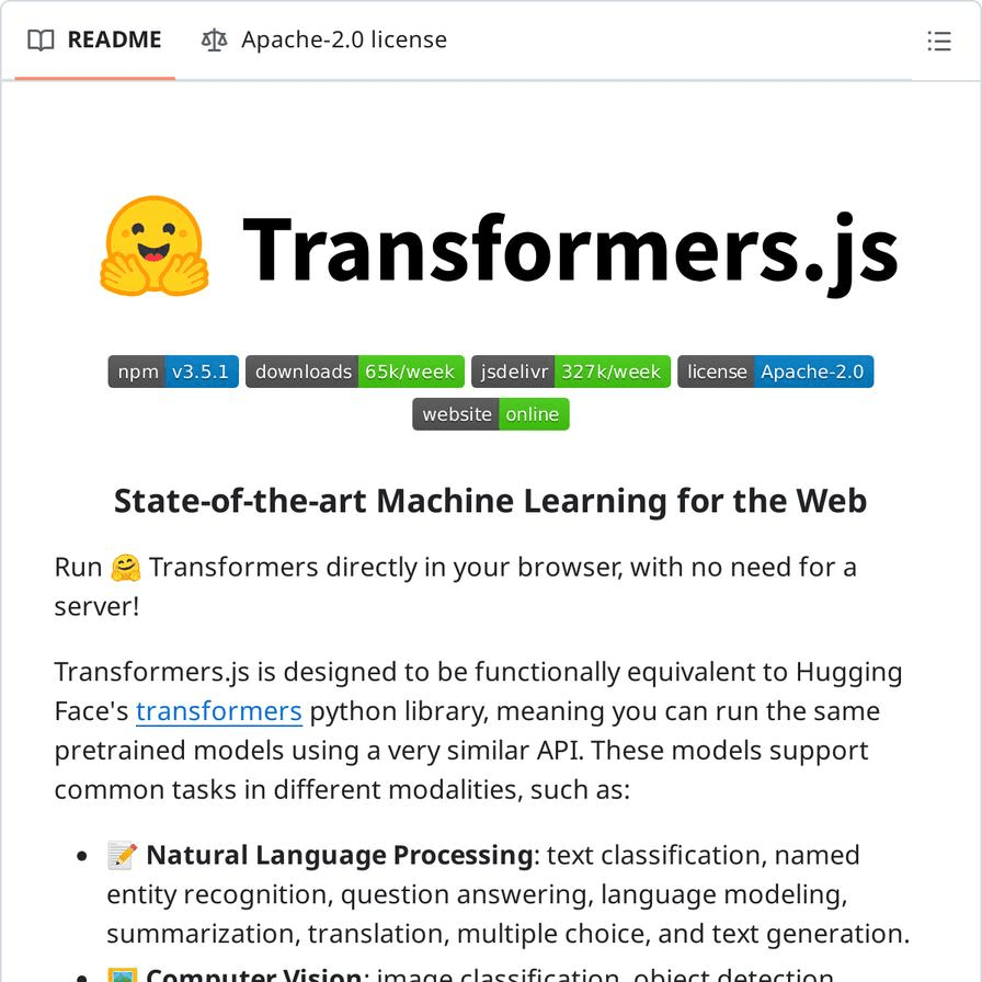 Transformers.js 官方 README 头部（Koala 收录时的快照：npm v3.5.1、周下载约 6.5 万次、jsDelivr 周 hit 约 32.7 万、Apache-2.0）