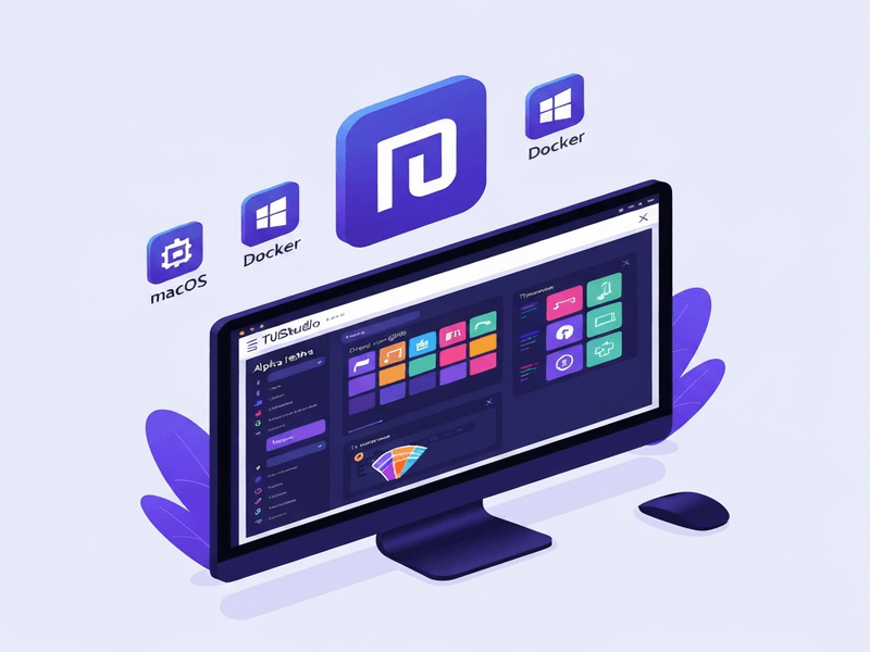 官方宣传图:TUIStudio 的深色编辑器(组件面板、主题切换、实时画布),以及 macOS / Windows / Docker 三端分发