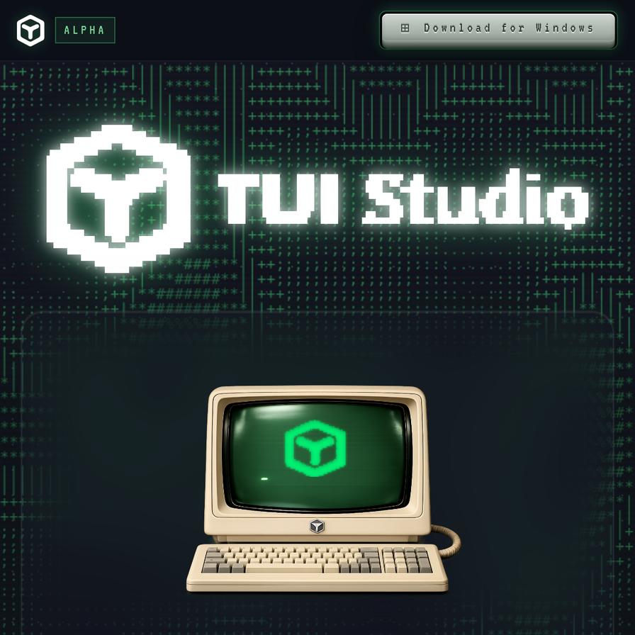 TUIStudio 官方主视觉:复古 CRT 终端里的像素风 Logo,当前为 Alpha 阶段