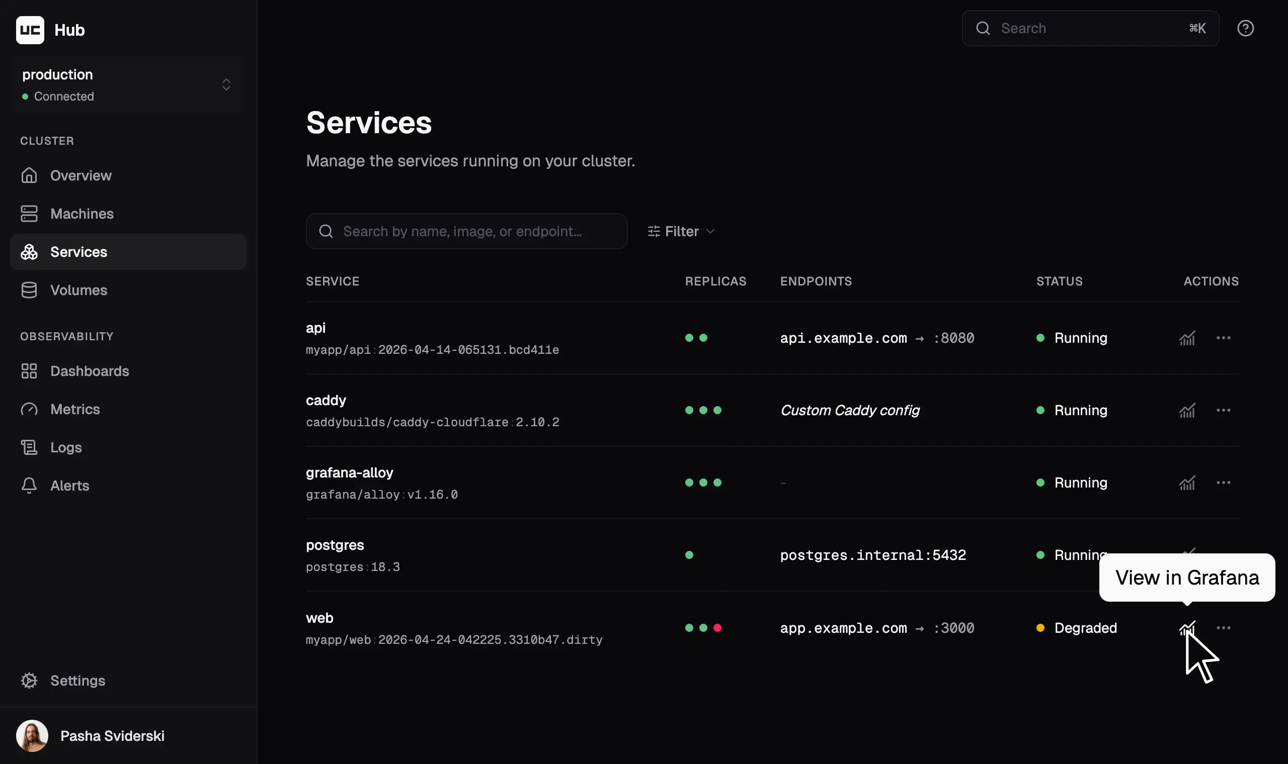 Uncloud Hub 服务列表界面：api、caddy、grafana-alloy、postgres、web 等服务的副本数、端点与运行状态，web 显示 Degraded