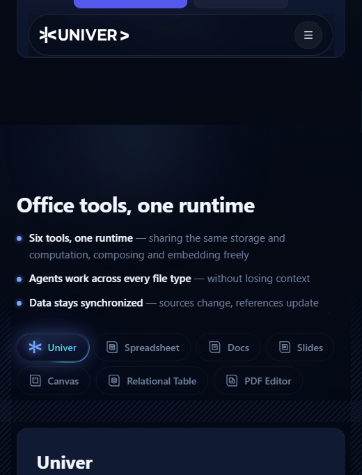 Univer 的六类工具:Spreadsheet、Docs、Slides、Canvas、Relational Table、PDF Editor
