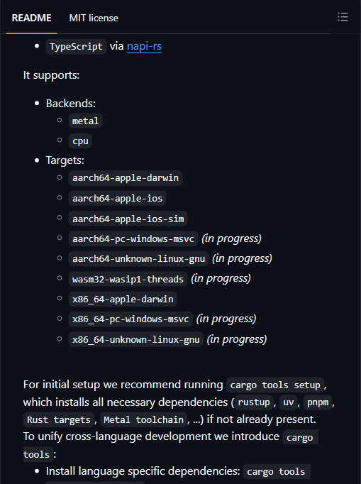 uzu 支持的后端（metal / cpu）与目标平台：Apple 已就绪，Windows / Linux / Wasm 仍在进行中