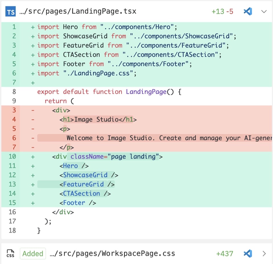 内置 diff 评审视图：LandingPage.tsx 改动 +13/-5，下一文件 WorkspacePage.css +437