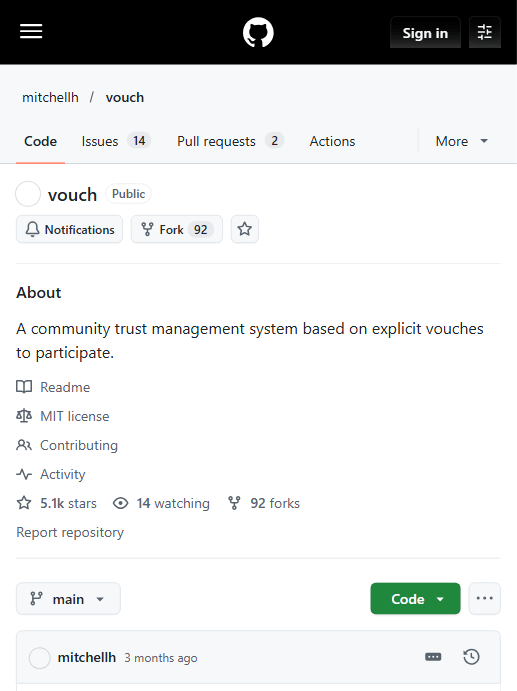 mitchellh/vouch 仓库主页：约 5.1k stars、MIT 协议、main 分支（官方截图）