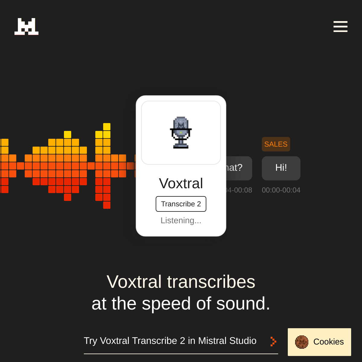 Mistral 官方 Voxtral Transcribe 2 页面截图(经 Koala 项目库转存):"Voxtral transcribes at the speed of sound",手机端显示实时 Listening 界面与波形