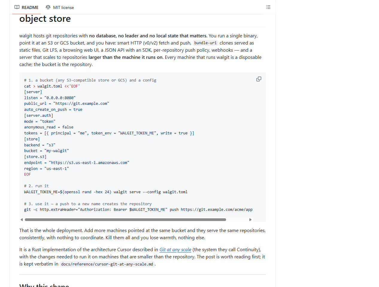 walgit 官方 README：一个二进制指向 S3/GCS 桶即完成部署（GitHub 仓库截图）
