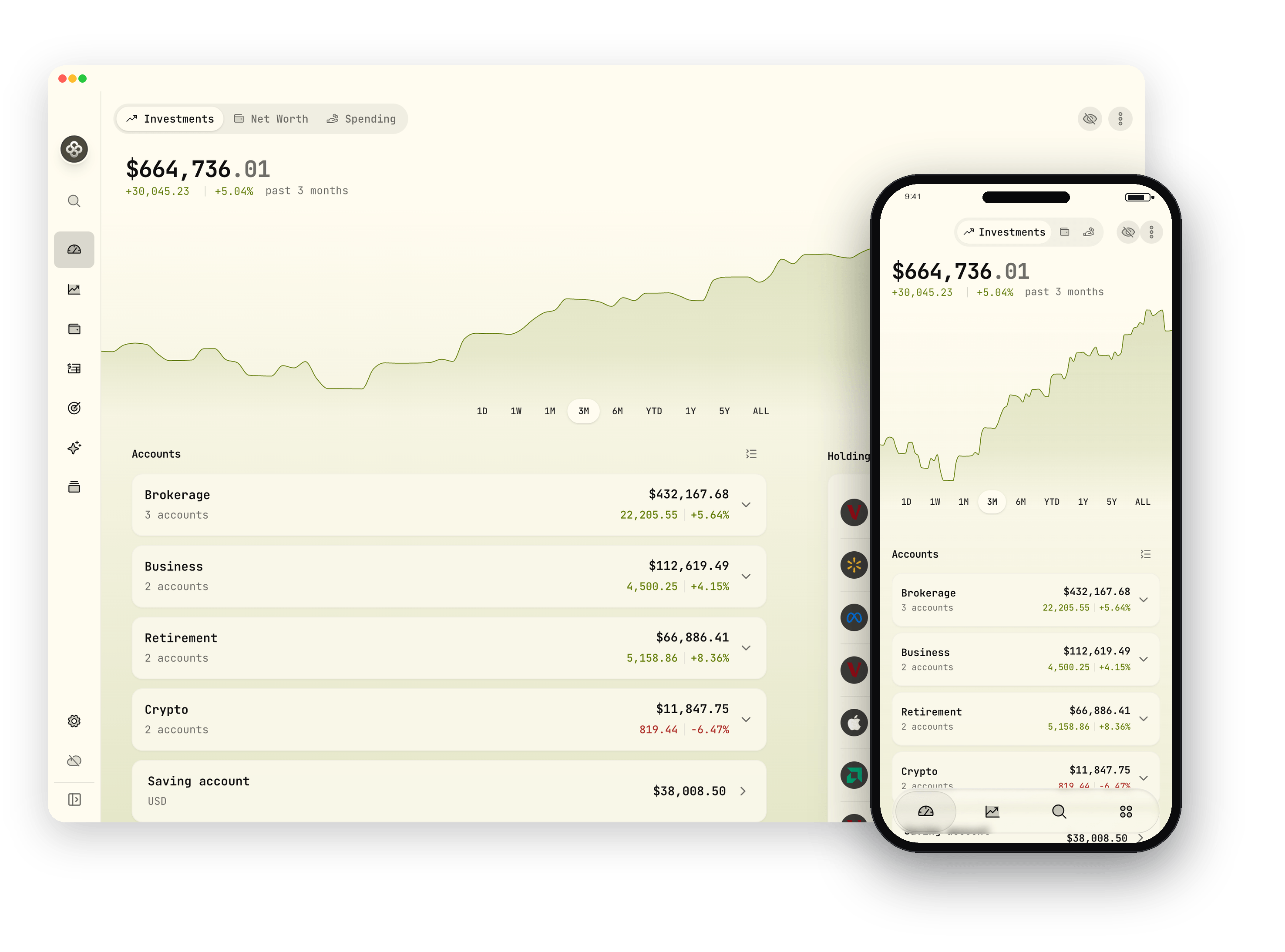 Wealthfolio 投资总览：桌面与手机并列展示组合市值、3 个月收益与分账户（券商/经营/退休/加密/储蓄）余额