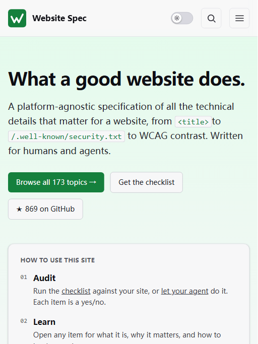 The Website Specification 官方首页：173 个 topic、869 stars