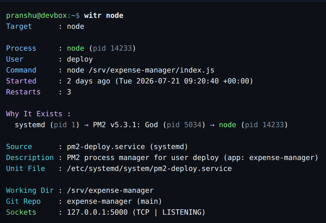 witr CLI 报告：witr node 输出进程详情与 systemd → PM2 → node 因果链