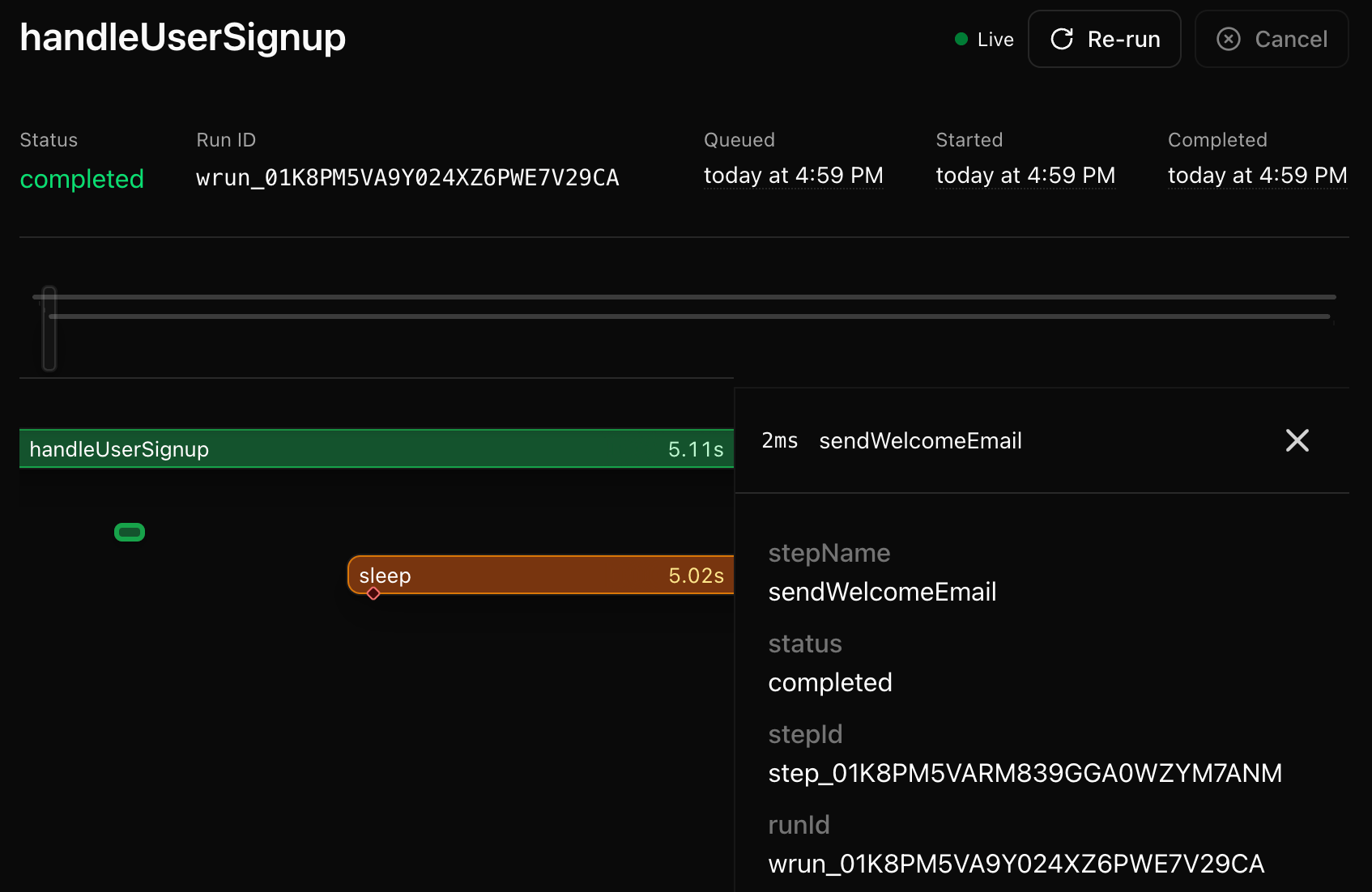 Workflow 本地可观测性界面里一次 handleUserSignup 运行的时间线，总耗时 5.11s，其中 sleep 步骤占用 5.02s