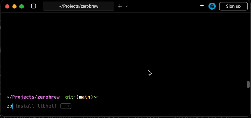 ZeroBrew 终端演示：用 zb install libheif 安装包，命令与 brew 几乎一致