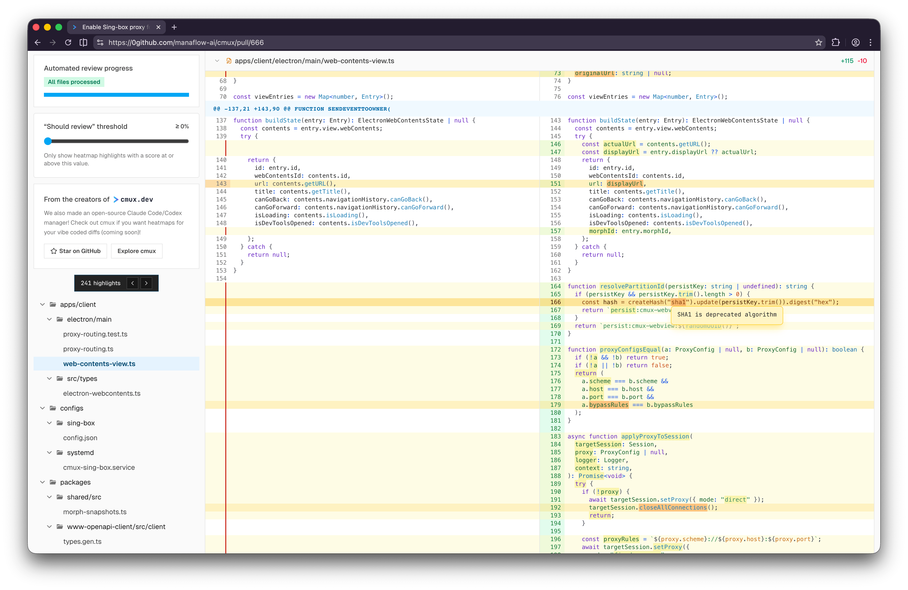 0github 热力图界面示例：左侧为审查进度、阈值滑杆与文件树，右侧 diff 按关注度着色（来源：Manaflow 开源仓库 heatmap-demo-1.png）